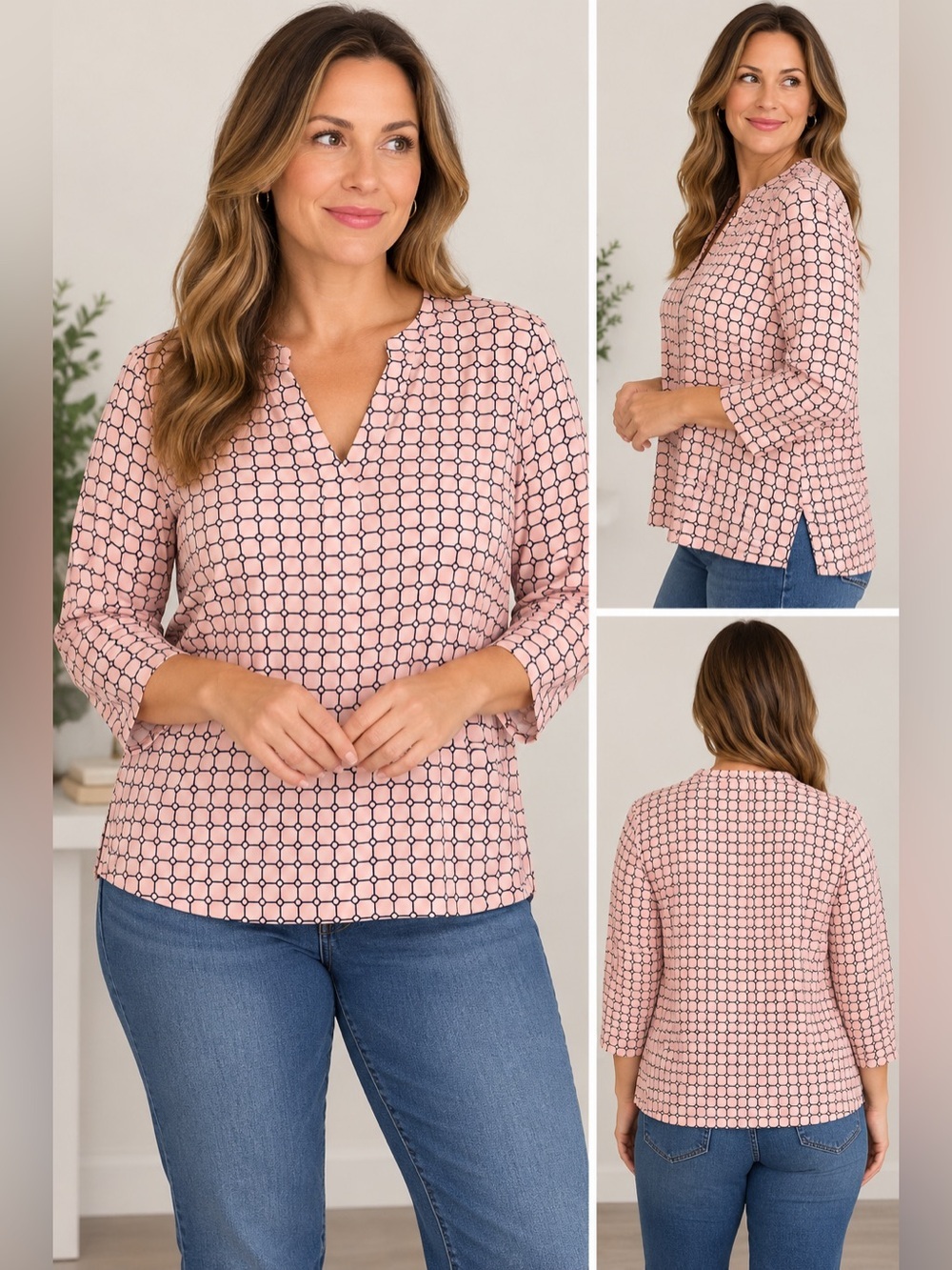 Liz Claiborne Blush Pink Geometric V-Neck Top Medium